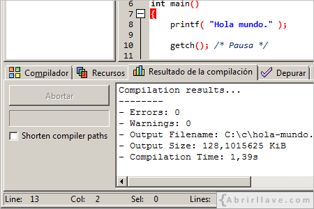 Compilación de un programa en Dev-C++.