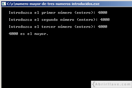 Visualización en pantalla del programa Número mayor de tres números introducidos, siendo todos iguales, resuelto en lenguaje C.
