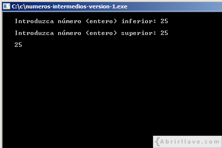 Visualización en pantalla del programa Números intermedios (Versión 1 - Entre dos números correctos), mostrándose un único número, resuelto en lenguaje C.