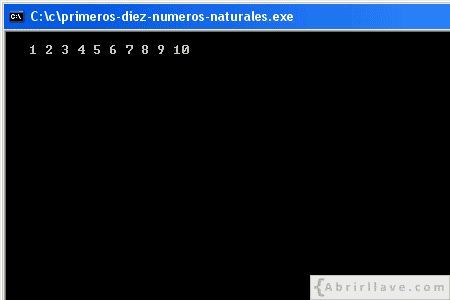 Visualización en pantalla del programa Primeros diez números naturales, resuelto en lenguaje C.