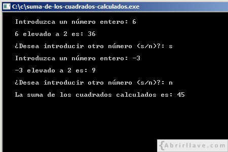 Visualización en pantalla del programa Suma de los cuadrados calculados, resuelto en lenguaje C.