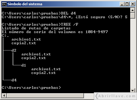 Ventana del Símbolo del sistema en Windows donde se muestra cómo se pueden eliminar todos los archivos de un directorio usando el comando DEL - Ejemplo del tutorial de CMD de {Abrirllave.com