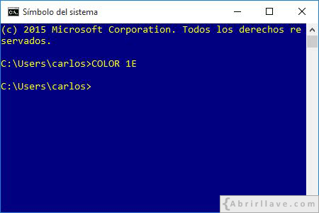 Uso de la orden COLOR 1E en la consola de Windows - Ejemplo del tutorial de CMD de {Abrirllave.com