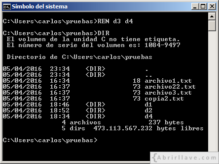 Ventana del Símbolo del sistema en Windows donde se muestra cómo se puede cambiar el nombre a un directorio usando el comando REN - Ejemplo del tutorial de CMD de {Abrirllave.com