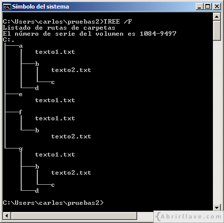 Ventana del Símbolo del sistema en Windows donde se muestra el resultado de utilizar XCOPY con distintos parámetros - Ejemplo del tutorial de CMD de {Abrirllave.com