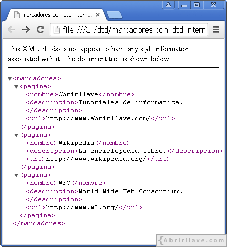 Visualización del archivo marcadores-con-dtd-interna.xml en Google Chrome - Ejemplo del tutorial de DTD de {Abrirllave.com