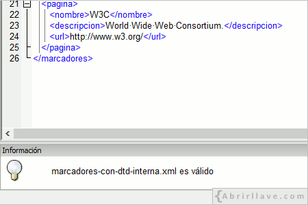 Visualización en pantalla de la validación de un documento XML asociado a una DTD con XML Copy Editor.