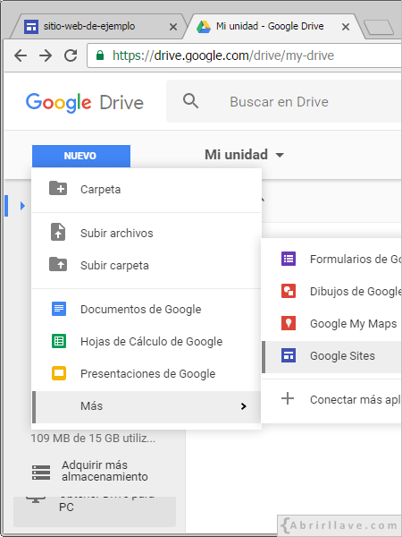 Crear sitio web de Google Sites desde Google Drive.