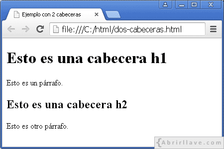 Visualización del archivo dos-cabeceras.html en Google Chrome, donde se muestra una cabecera h1 y otra h2.