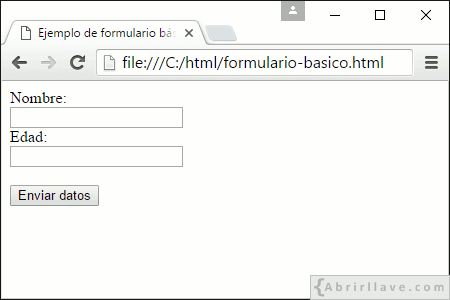 Visualización del archivo formulario-basico.html en Google Chrome, donde se hace uso de un elemento form.