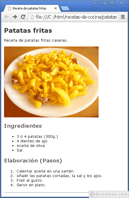 Visualización del archivo patatas-fritas.html en Google Chrome, donde se hace uso de una imagen y dos listas.