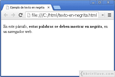 Visualización del archivo texto-en-negrita.html en Google Chrome, donde se muestra texto en negrita.