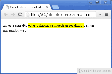 Visualización del archivo texto-resaltado.html en Google Chrome, donde se muestra texto resaltado o marcado.