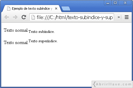 Visualización del archivo texto-subindice-y-superindice.html en Google Chrome, donde se muestra texto subíndice y superíndice.