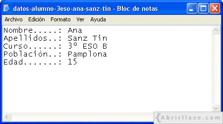 Ejemplo de archivo creado en el Bloc de notas con los datos de un alumno