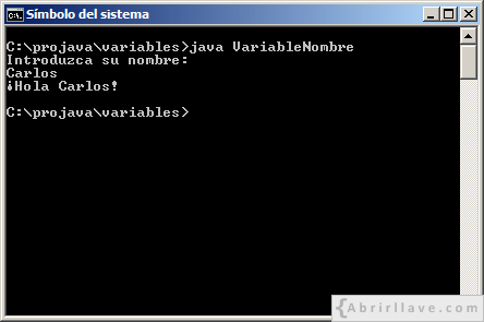 Ejecución del programa NombreVariable escrito en Java, utilizando println.
