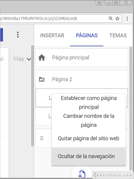 Ocultar página web de la navegación del menú en Google Sites.