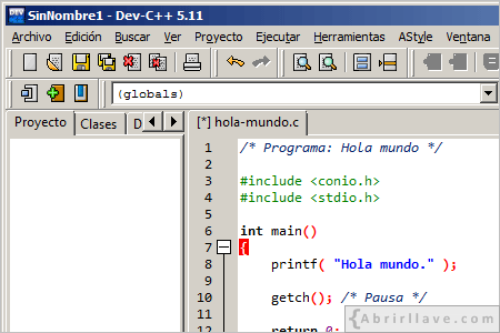 Visualización en pantalla del programa Dev-C++.