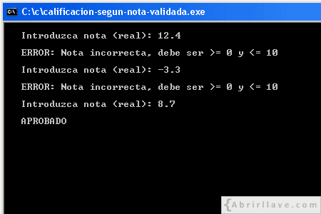 Visualización en pantalla del programa Calificación según nota validada, resuelto en lenguaje C.