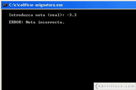 Visualización en pantalla del programa Calificar asignatura, siendo su nota incorrecta, resuelto en lenguaje C.