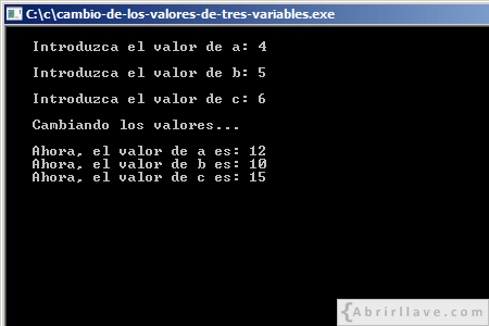 Visualización en pantalla del programa Cambio de los valores de tres variables, resuelto en lenguaje C.