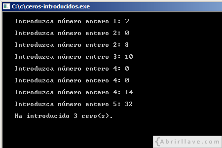 Visualización en pantalla del programa Ceros introducidos, resuelto en lenguaje C.