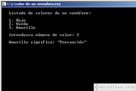 Visualización en pantalla del programa Color de un semáforo, resuelto en lenguaje C.