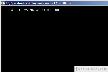Visualización en pantalla del programa Cuadrados de los números del 1 al 10, resuelto en lenguaje C.