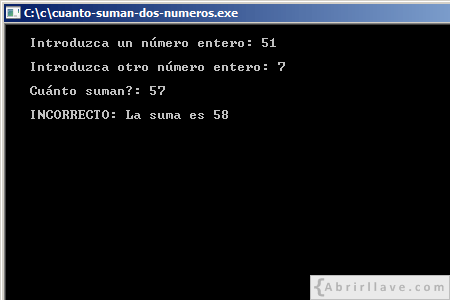 Visualización en pantalla del programa Cuánto suman dos números, resuelto en lenguaje C.