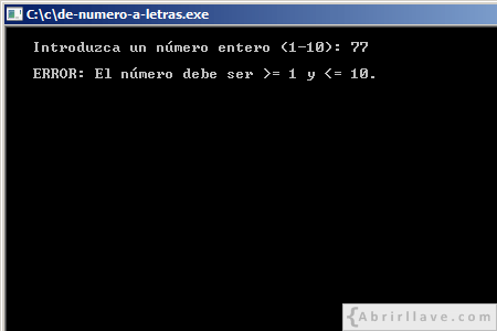 Visualización en pantalla del programa Número a letras, mostrando error, resuelto en lenguaje C.