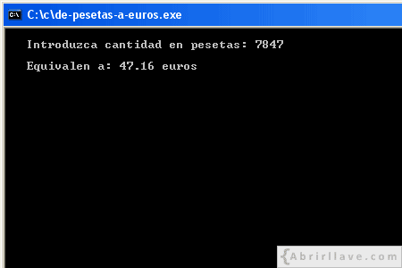 Visualización en pantalla del programa De pesetas a euros, resuelto en lenguaje C.