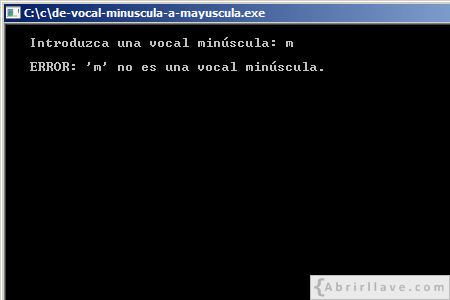Visualización en pantalla del programa De vocal minúsucla a mayúscula, mostrándose error, resuelto en lenguaje C.