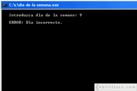 Visualización en pantalla del programa Día de la semana, siendo incorrecto, resuelto en lenguaje C.