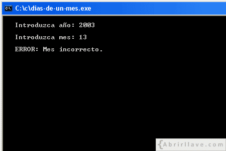 Visualización en pantalla del programa Días de un mes incorrecto, resuelto en lenguaje C.