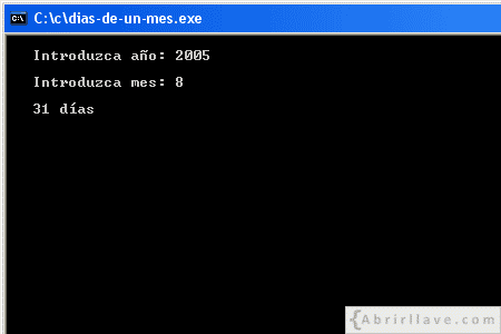 Visualización en pantalla del programa Días de un mes, resuelto en lenguaje C.