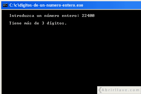 Visualización en pantalla del programa Dígitos de un número entero, de más de 3, resuelto en lenguaje C.