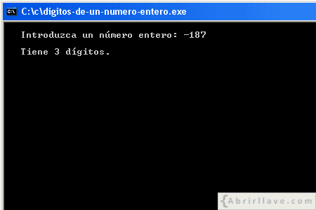 Visualización en pantalla del programa Dígitos de un número entero negativo, resuelto en lenguaje C.