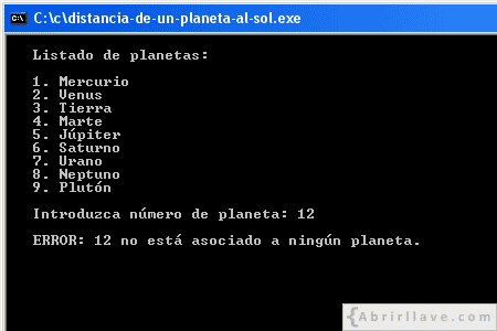 Visualización en pantalla del programa Distancia de un planeta al Sol, mostrándose error, resuelto en lenguaje C.