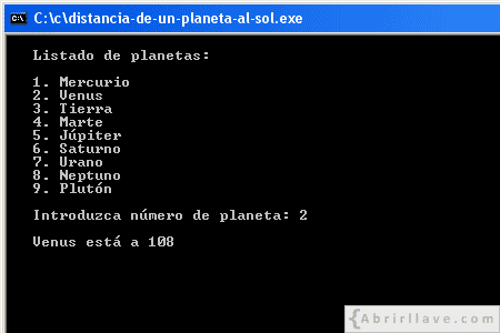 Visualización en pantalla del programa Distancia de un planeta al Sol, resuelto en lenguaje C.