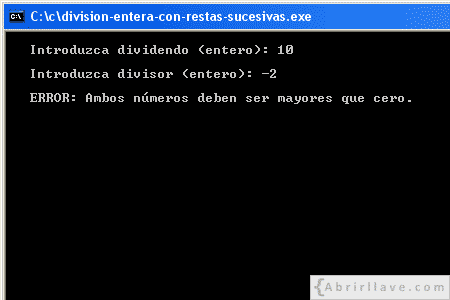 Visualización en pantalla del programa División entera con restas sucesivas, mostrando un error, resuelto en lenguaje C.