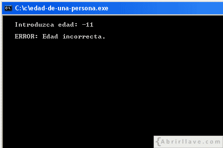 Visualización en pantalla del programa Edad de una persona incorrecta, resuelto en lenguaje C.