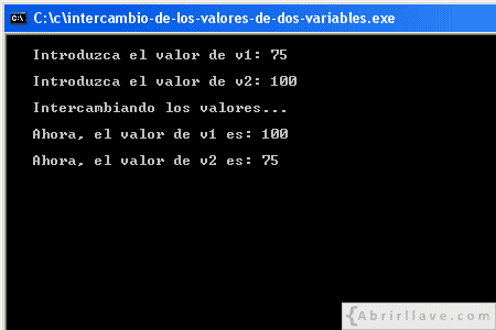 Visualización en pantalla del programa Intercambio de los valores de dos variables, resuelto en lenguaje C.