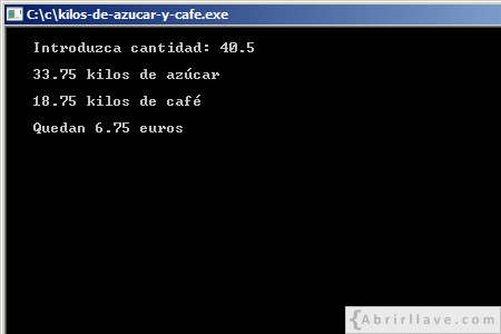 Visualización en pantalla del programa Kilos de azúcar y café, resuelto en lenguaje C.