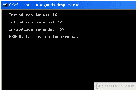 Visualización en pantalla del programa La hora un segundo después, incorrecta, resuelto en lenguaje C.