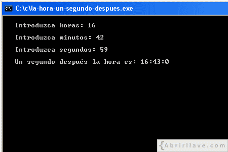 Visualización en pantalla del programa La hora un segundo después, resuelto en lenguaje C.
