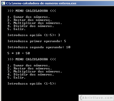 Visualización en pantalla del programa Menú calculadora de números enteros, realizando una suma, resuelto en lenguaje C.