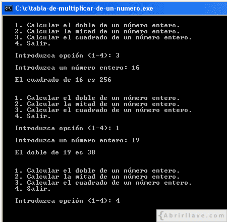 Visualización en pantalla del programa Menú de opciones, resuelto en lenguaje C.