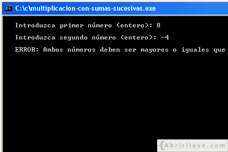 Visualización en pantalla del programa Multiplicación con sumas sucesivas, mostrando un error, resuelto en lenguaje C.