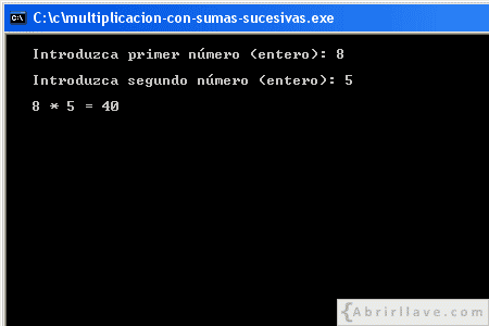 Visualización en pantalla del programa Multiplicación con sumas sucesivas, resuelto en lenguaje C.