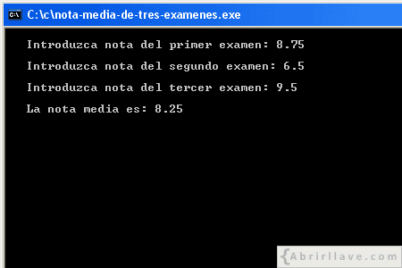 Visualización en pantalla del programa Nota media de tres exámenes, resuelto en lenguaje C.